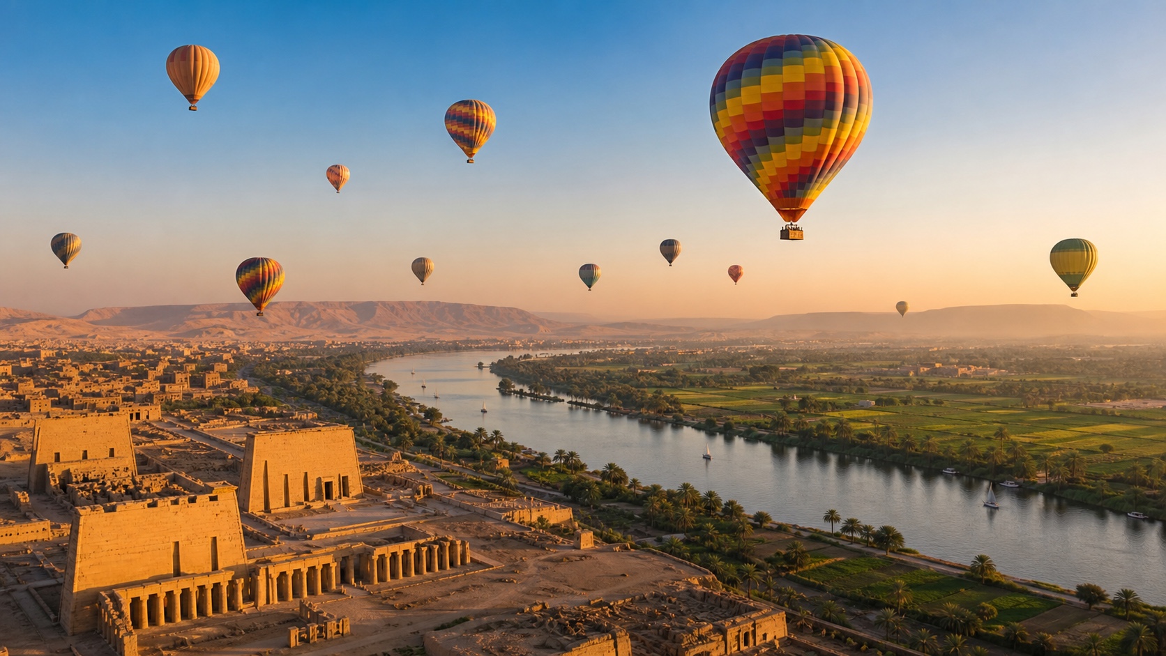 Hot-air balloons over Luxor's West Bank at dawn